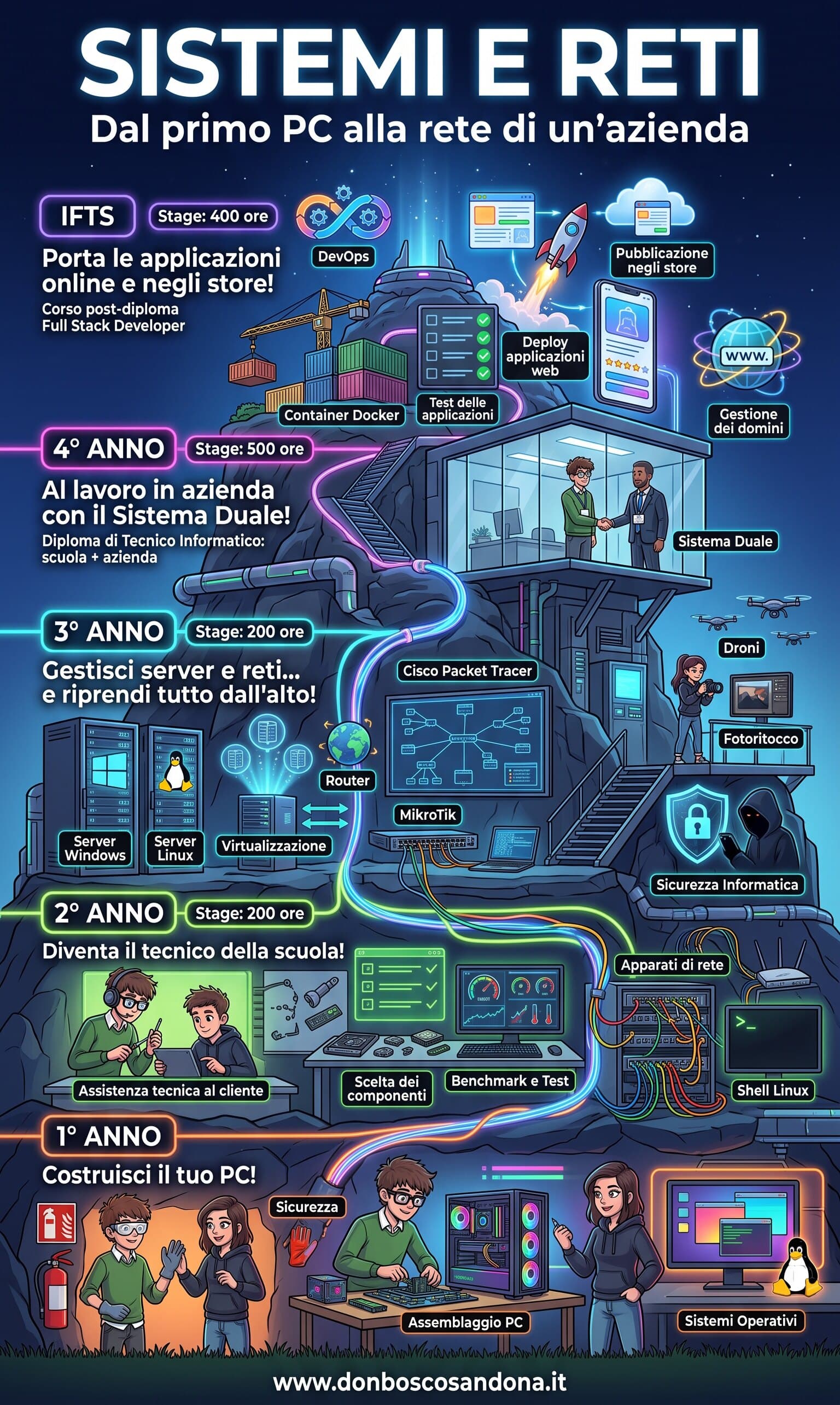 Sistemi e reti, dal primo PC alla rete di un’azienda: sicurezza, assemblaggio PC e sistemi operativi al 1° anno; assistenza tecnica, scelta dei componenti, benchmark, apparati di rete e shell Linux al 2°; server Windows e Linux, virtualizzazione, router, MikroTik, Cisco Packet Tracer, droni, fotoritocco e sicurezza informatica al 3°; Sistema Duale al 4° anno; DevOps, container Docker, deploy, pubblicazione negli store e gestione dei domini all’IFTS